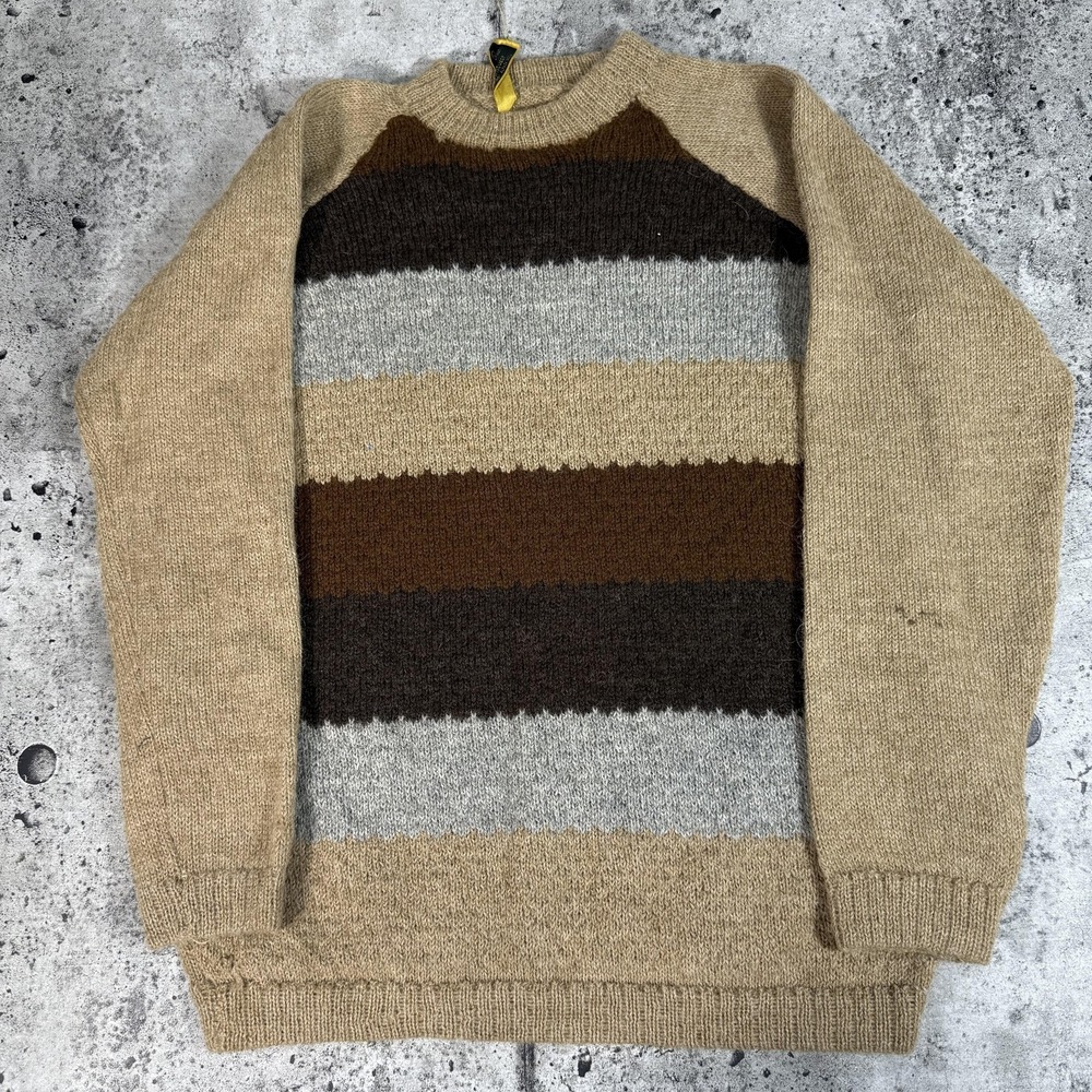 Peruvian Knitwear Sweater Mens Medium Beige Alpaca Striped Crewneck Pullover